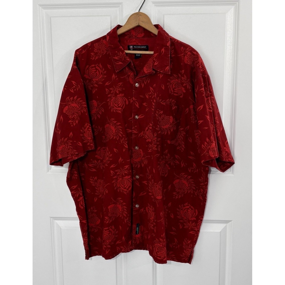 VTG Polo Jeans Co. Shirt Men XL Red Floral Hawaiian Camp Button Up Aloha 0630